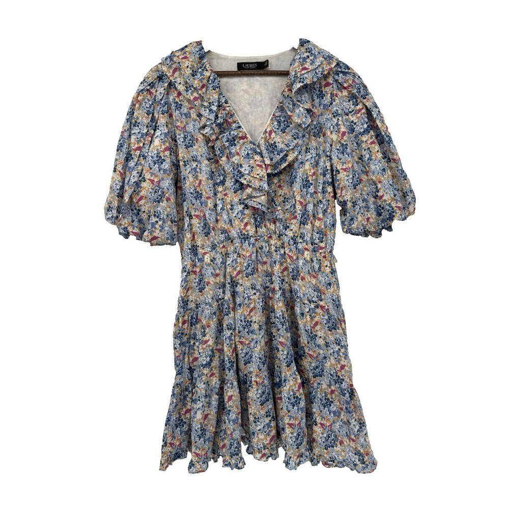 Lauren Ralph Lauren Dress Womens size 14 Floral Puff Sleeve V Neck Tiered Ruffle